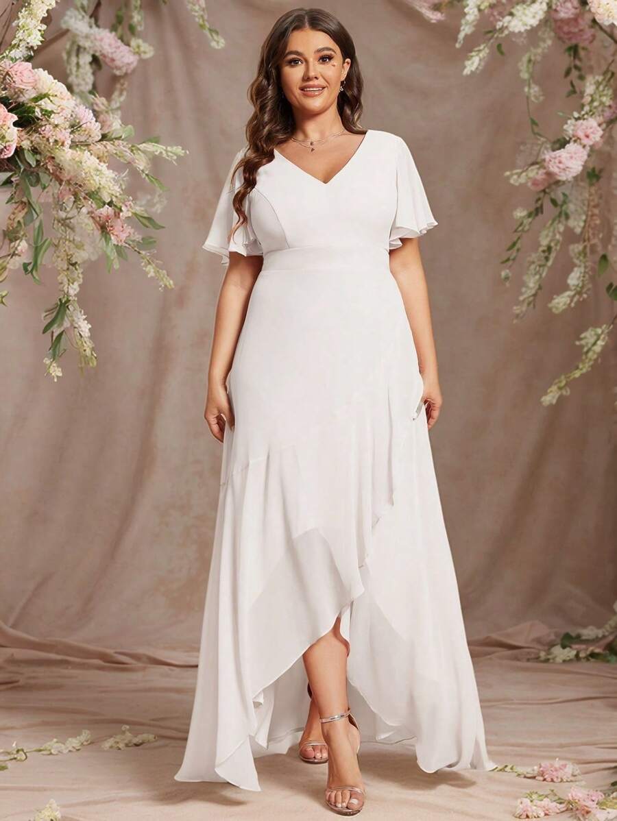 EVERPRETTY Plus Elegant Short Sleeve Asymmetric Hem White Dress Bridal Shower Dress For Single Party Wedding Dress For Bride
