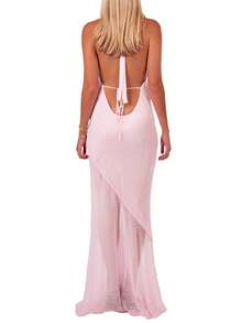 Summer Dresses For Women 2025 Halter Maxi Dress With Scarf Mini Dot Print Backless Bodycon Long Dress Slim Fit Going Out Dresses Wedding Guest Dresses Elegant Cocktail Party Dress Club Streetwear Beach Vacation Aesthetic Clothes Outfit - Hồng - Xem 7