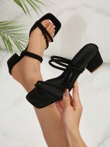 Women's New Fashion High Heel Slide Sandals, Versatile White Strap Open Toe Square Chunky Heel Dress Sandals - Black - View 3