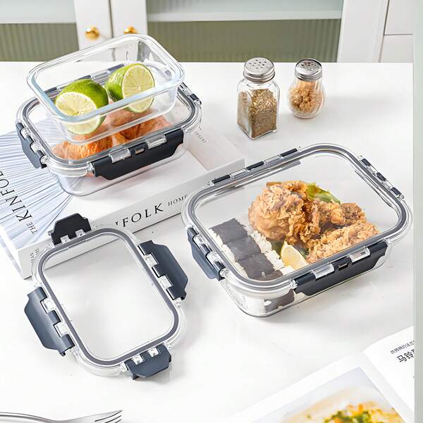 1 pieza Lonchera de vidrio, recipiente rectangular a prueba de microondas para almacenamiento de alimentos, caja bento para el trabajo, tazón para preparación de comidas, útiles escolares