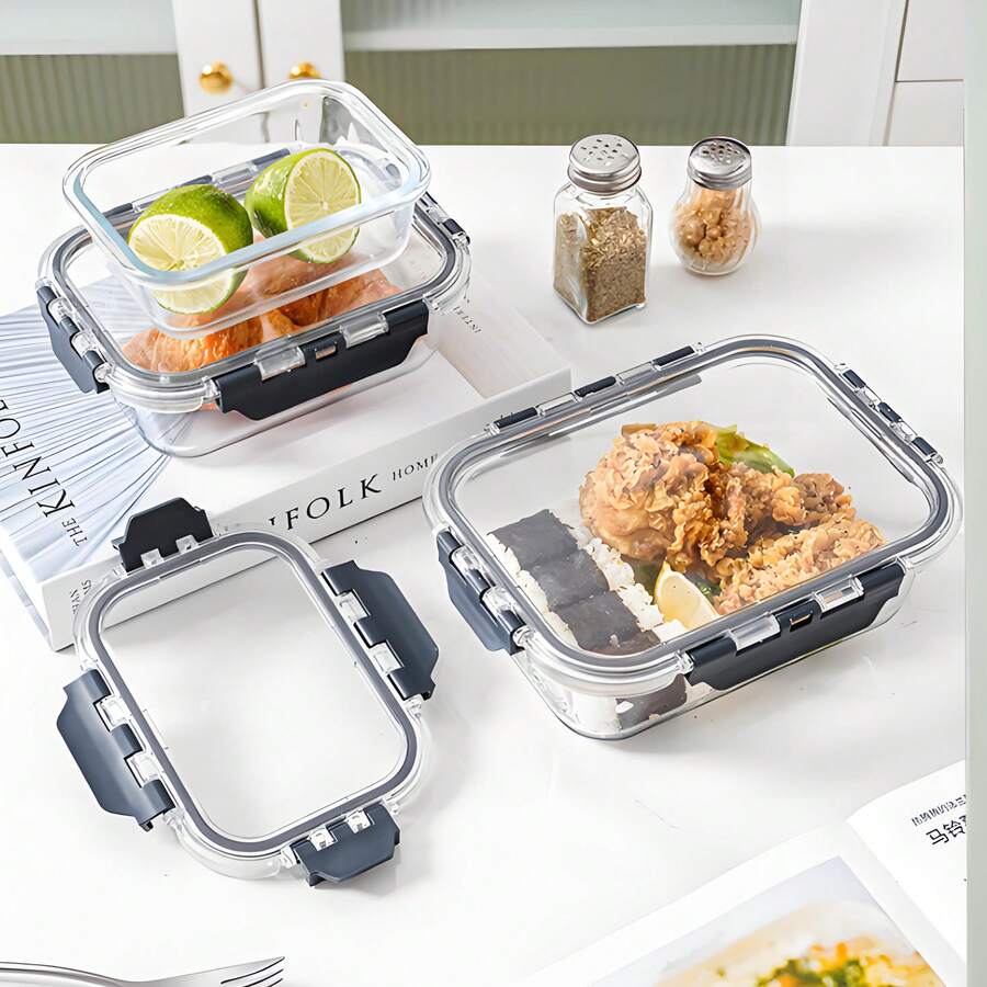 1 pieza Lonchera de vidrio, recipiente rectangular a prueba de microondas para almacenamiento de alimentos, caja bento para el trabajo, tazón para preparación de comidas, útiles escolares