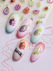 Fruits Strawberry Nail Stickers Grapes Avocado Apple Banana Pineapple Lemon Refreshing Summer Jelly Embossed Fruits Nail Designs 5D Self-Adhesive Nail Decals Adhesive Decoration