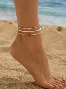 3pcs Bohemian Style ABS Faux Pearl Plastic Beaded Elastic Rope Anklet, Versatile Multi-Color Beach Vacation Retro Anklet Set, Summer Anklet - Gold - View 1