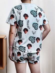 2pcs Custom Women Short Sleeve Shorts Pajama Set, Personalized Photo/Portrait/Face Graphic, Lightweight Breathable Soft Fabric, Gift For Friends, Partner, Party, Birthday, Mother's Day, Includes 1 Eye Mask - White - View 2