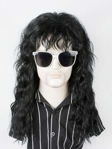 18英寸男士70、80年代摇滚风格假发，合成朋克风格长卷发纤维假发，适合角色扮演、服装派对等场合佩戴 - 黑色 - 查看 3