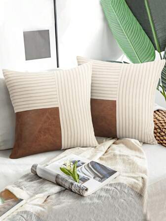 1 pièce Taie d'oreiller rayée bohème, Housse de coussin patchwork en PU, convient pour la chambre à coucher, le salon, les cadeaux, insert de coussin non inclus