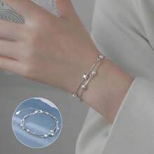Pulseiras de Prata 925 com Contas de Estrela de Luxo para Mulheres, Pulseira Ajustável de Designer Original com Camadas Duplas, Joia de Festa