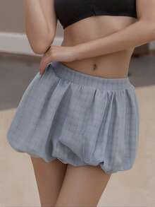 Women Y2k Lounge Shorts Fashion Plaid Print Puffy Shorts Elasticated Mid Waist Bubble Shorts Summer Casual Mini Shorts Streetwear Clubwear Aesthetic Clothes - Light Grey - View 3