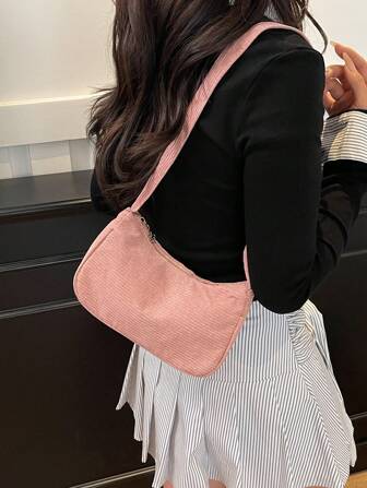 1 pièce Sac à épaule simple en velours côtelé corail unicolore pour femmes, polyvalent pour le travail, les courses, les voyages, les déplacements, les occasions décontractées, convient comme cadeau