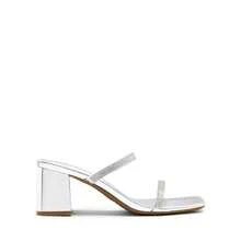 Women Rhinestone Decor Wide-Fit Minimalist Chunky Low Heeled Mule Sandals, Fashion Summer Slip On Comfortable Square Open Toe Sandals - Metallic Silver - View 3
