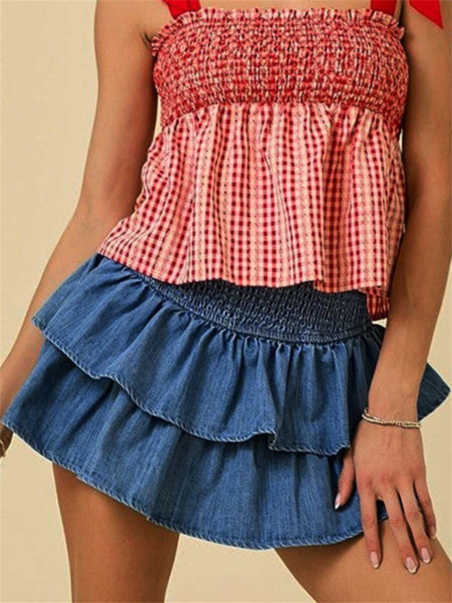 Women's Tiered Ruffled Denim Skirt Solid Color High Rise Mini A Line Jean Skirt Streetwear - 藍色 - 查看 1