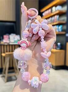 Sanrio 1pc Sanrio Brand Pompom Phone Case Strap Chain Camera Hanging Decor, Hand-Drawn Beaded Phone Charm, Bag & Key Chain Accessory
