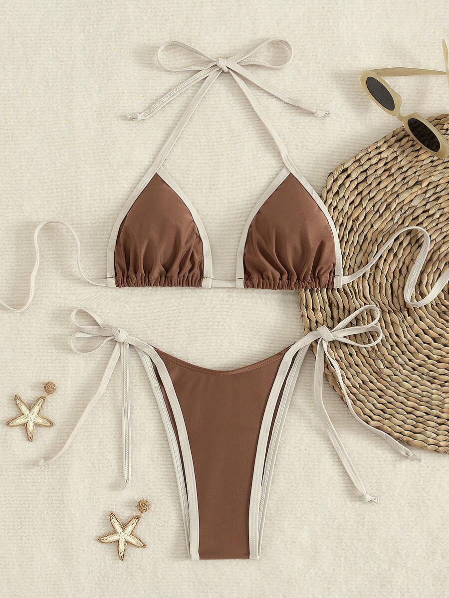 Spring Break Women's Contrast Color Sexy Halter Tied Bikini Swimwear Set For Beach Vacation Summer - Chocolate Brown - View 1