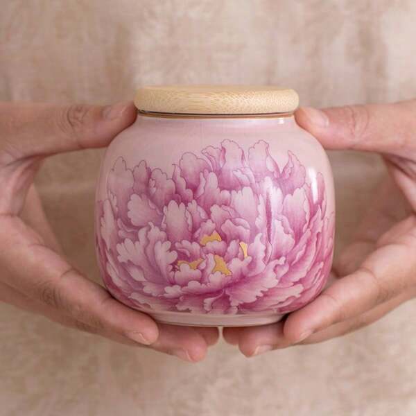 Roze Ru Kiln Peony keramische theebus, compact en draagbaar, luchtdichte sluiting, premium theepot voor huishoudelijk gebruik, noten- en snoepcontainer voor terug naar school