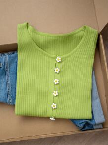 Floral Button Short Sleeve Cardigan Sweater For Women, Avocado Green Round Neck Fitted Elegant Blouse For Summer