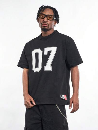 MT99 American 07 Letter Print Short Sleeve Unisex Round Neck T-Shirt, Black, Summer