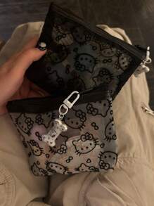 Sanrio 1pc Cute Kitty Velveted Mesh Cosmetic Bag, Portable Data Cable Organizer Pouch, Handheld Carry Bag For Outdoor
