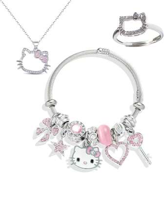Sanrio 1 pièce Ensemble de bijoux thème de dessin animé mignon Hello chat, Ensemble Bague+Collier+Bracelet, Bijoux en alliage de dessin animé animal avec étoiles roses, nœud papillon, accessoires en forme de clé de cœur. Ensemble de bracelets en alliage de zinc brillant avec cristaux. Accessoires de mode comprenant collier, bague et bracelet. Convient pour un port quotidien et comme cadeau, parfait pour la Saint-Valentin