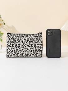 1 pezzo Borsa cosmetica portatile in pelle PU con stampa leopardata, comoda pochette per strumenti di trucco e articoli di bellezza