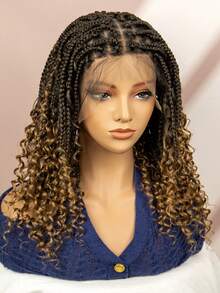 无结盒状编织假发，末端卷曲，合成全蕾丝编织假发，短款波西米亚风编织高温纤维，度假风格