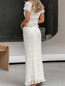 Women's Ruched Maxi Skirts Set Casual Summer 2 Piece Outfits Solid Color Pleated Short Sleeve Button Up Shirt Crop Top + Elastic Waist Long Skirts Holiday Beachwear Clothes Set - Beige - View 4