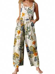 Women's Patchwork Double Pocket Jumpsuit Loose Floral Print Bohemian Wide Leg Bib Jumpsuit - Yellow - View 2