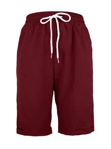 纯色弹力腰抽绳口袋前褶面料直筒休闲短裤，适合度假和日常穿着，春夏款 - 酒紅色 - 查看 3