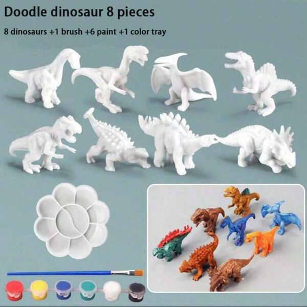 16 piezas (8 modelos de dinosaurios + 6 pinturas + 1 paleta de pintura + 1 pincel) Juguete de pintura de modelos de dinosaurios blancos, actividad creativa de colorear DIY para adolescentes y niños
