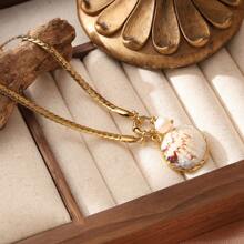 1pc Stainless Steel 18K Plated Pearl Shell Pendant Necklace For Women, Fashionable Ocean Style Suitable For Beach Party, Dates
