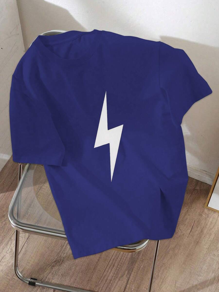 Camiseta de algodón puro para mujer con ajuste cómodo y símbolo de rayo blanco - Azul - Ver 1