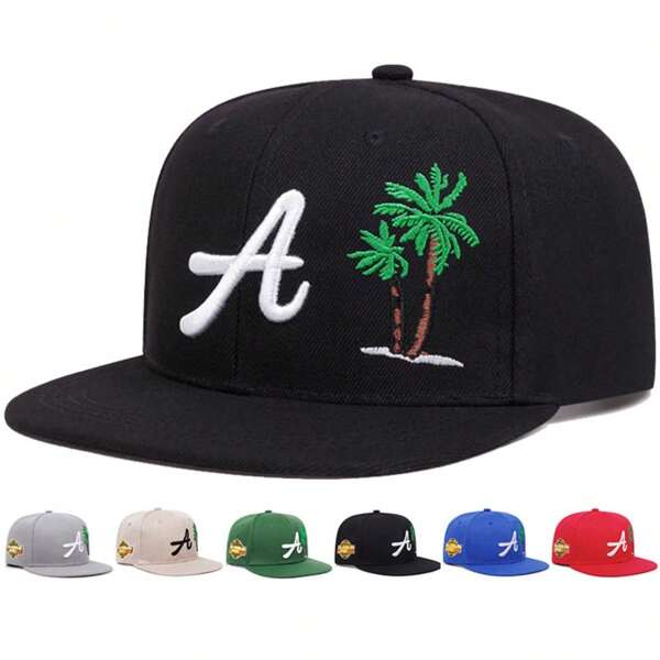 1 pieza Gorra de béisbol para hombre con letra A y bordado de árbol de coco, gorra de béisbol de Los Ángeles, gorra deportiva de hip hop ajustable