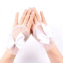 1双蝴蝶结钩指短蕾丝手套，新娘礼服短款手套，网眼裸指黑色蕾丝网眼蕾丝，女士手套，婚宴手套，新娘婚礼手套 - 黑色 - 查看 2