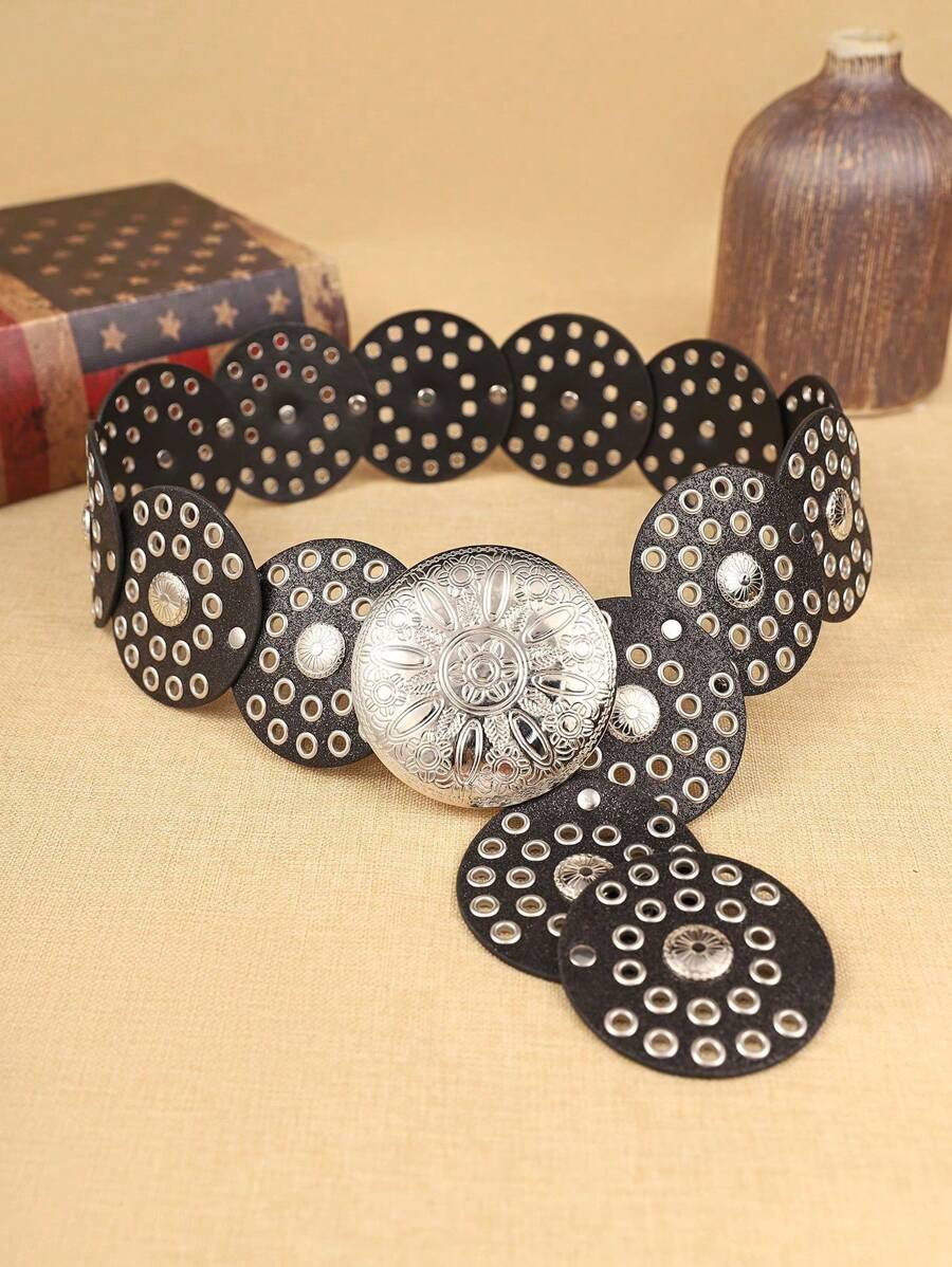1 buc Curea circulară din PU pentru femei, curea din metal cu lanț, curea din piele strălucitoare, stil boem la modă, potrivită pentru uz zilnic, vara, școala, toamna, Halloween