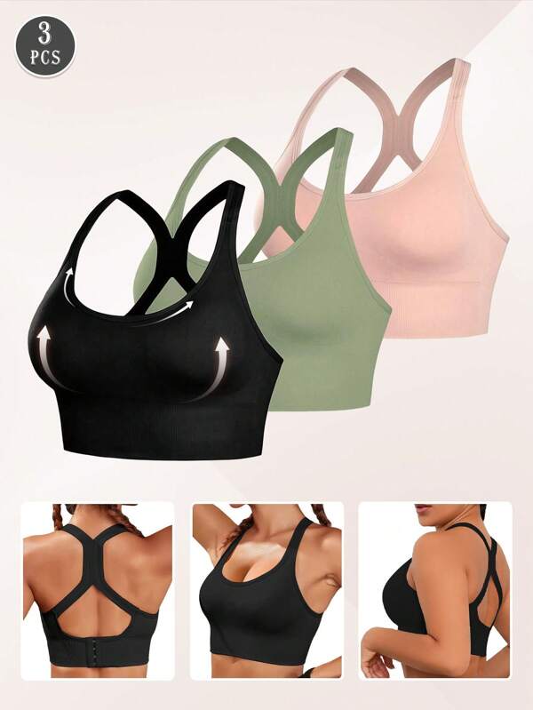 3pcs Seamless Shockproof Sports Bra, Lightweight & Breathable For Running, Back Beauty, Support And Wireless, Bra For Women Underwear Comfy Lingerie Sports Vest Bras With Pad, Airy Seamless Soft Tops Bra, Wireless Sports Vest Tops Lingerie Yoga Base Sports Bras Curve Summer Bra