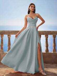 别致的圣诞巴洛克风格缎面吊带美人鱼长裙，法式伴娘礼服，返校节礼服，晚礼服，派对礼服 - 淺藍色 - 查看 4