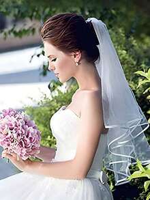 对比色绑带新娘面纱，白色新娘面纱，适合婚礼 - 白色 - 查看 3