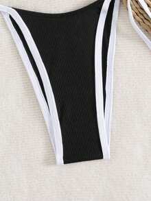 女士春假拼色性感系带比基尼泳装套装，度假沙滩装 - 黑與白 - 查看 4