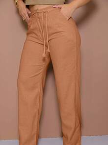 Women's Linen High Waist Trousers With Elegant And Detailed Rope Belt And Pence - màu nâu - Xem 1