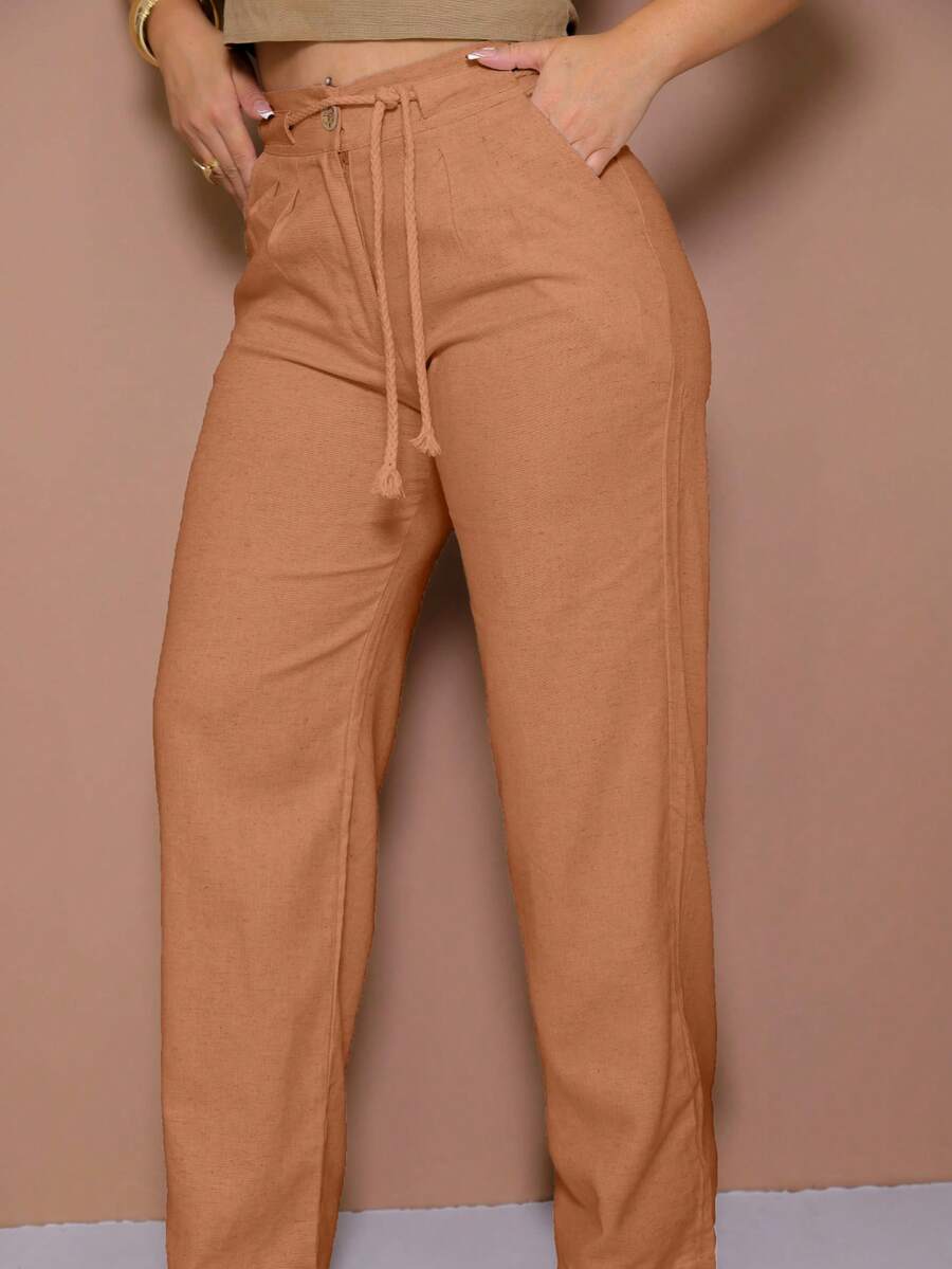 Women's Linen High Waist Trousers With Elegant And Detailed Rope Belt And Pence - màu nâu - Xem 1