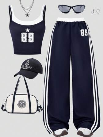 少女时尚休闲新款两件套上衣，数码印花，背心搭配侧边短裤和白色条纹长裤，适合夏季户外活动、日常聚会、旅行等场合。