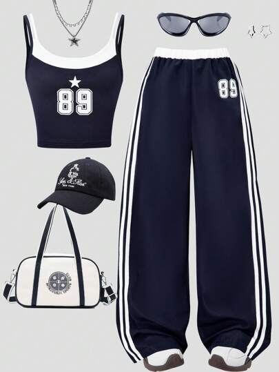 Girls' Fashion Casual Fashion New 2 Pieces Vest Set, Digital Print, Tank Top Paired With Side Pants With White Striped Long Pants, Suitable For Summer Outdoor Wear, Daily Gatherings, Travel, Etc