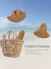 1pc Plain Crochet Big Brim Of A Hat Foldable Straw Hat With Adjustable Strap, Ideal For SpringAutumn Travel, Beach Vacation, Sun Protection, Y2K Style, Youthful Cowboy Hat