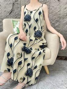 Women's Lotus Pattern Sleeveless Long Dress - Casual, Slim Fit, Polyester Fabric, Spring/Summer/Autumn Series - Multicolor - View 1