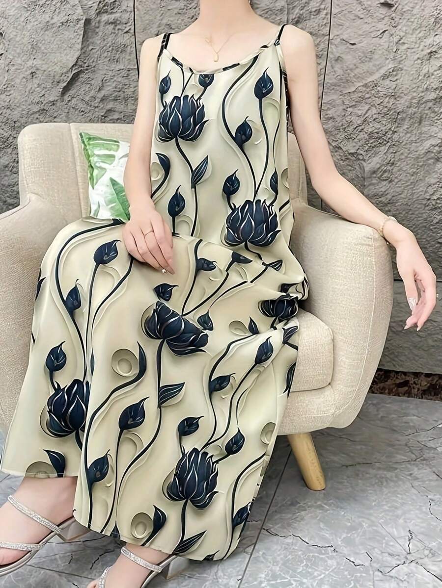 Women's Lotus Pattern Sleeveless Long Dress - Casual, Slim Fit, Polyester Fabric, Spring/Summer/Autumn Series - Multicolor - View 1
