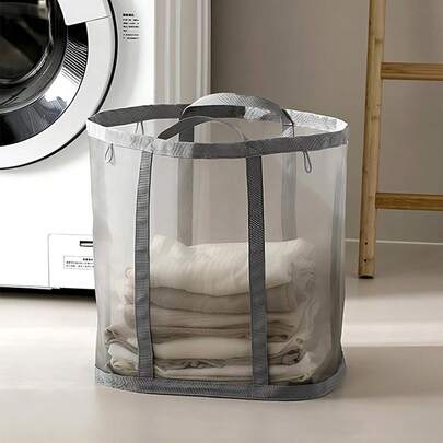 1 件带手柄的网状洗衣篮，多功能收纳袋，尼龙洗衣篮，可折叠脏衣篮，壁挂式洗衣收纳袋，便携式户外旅行手提包，沙滩包，用于整理衣物和存放物品，适用于洗衣房、浴室、阳台、宿舍、旅行、家居饰品、洗衣配件