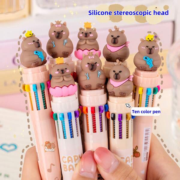 Cartoon Capybara 10-Color Ball Point Pens, Cute Multicolor Retractable Gel Ink Pens For Students, Back To School Small Gift