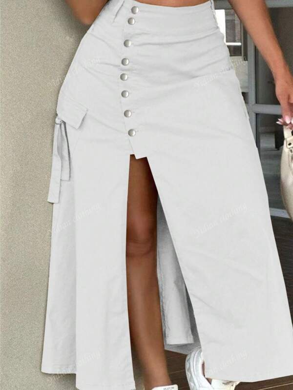 Women's Plain Color Button Front Split Hem Casual Cargo-Style A-Line Skirt