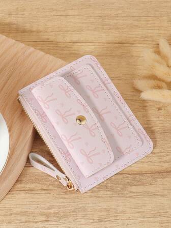 粉色蝴蝶结爱心图案拉链小钱包零钱包小钱包双折超薄女士钱包迷你薄、轻便、多层便携、身份证、信用卡简约、时尚、现代、商务、周年纪念、生日礼物、礼物、女孩、女士、女性、学校宿舍和返校用书包