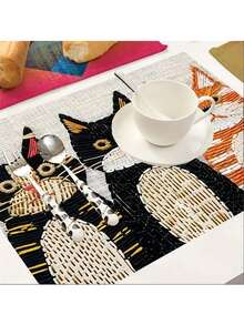 2/4/6pcs Linen Cat Placemats, 12x18 Inch, Rustic Vintage Table Mats For Home, Kitchen, Dining, Indoor & Outdoor, Holiday Decor, Farmhouse Style, No Power Needed