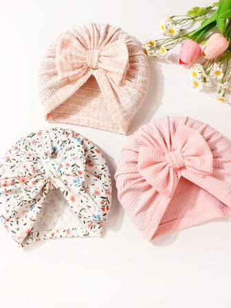 3pcs Bow-Knot Baby Hats, Lovely Girls Hats Suitable For Daily Use 0-2 Years Old